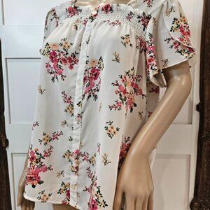No Boundaries Floral Blouse XL Button Front Criss-Cross Back Recycled Poly